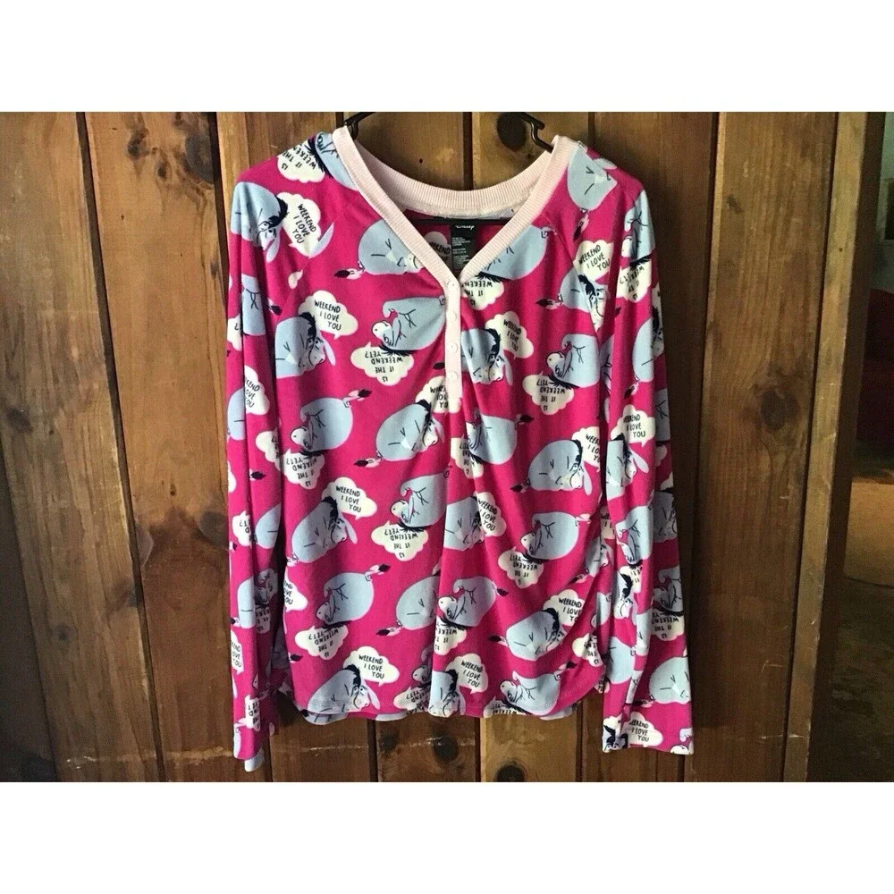 Disney Eyeore Sleep Top Size L Pink Fleece V Neck Long Sleeves Kidcore